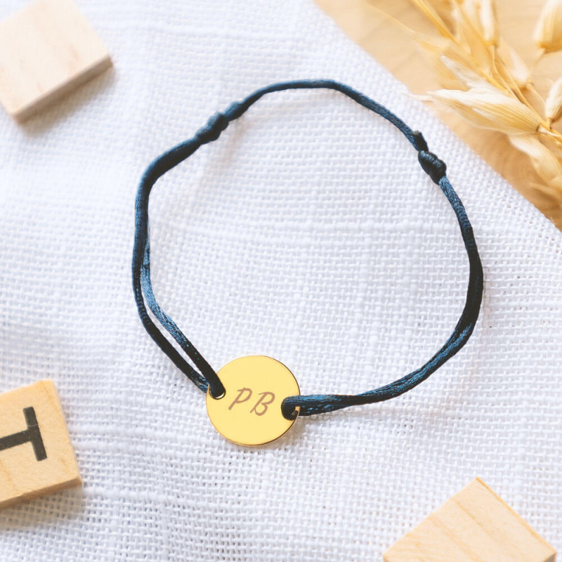 Bracelet petit rond plaqué or personnalisé & cordon bleu foncé