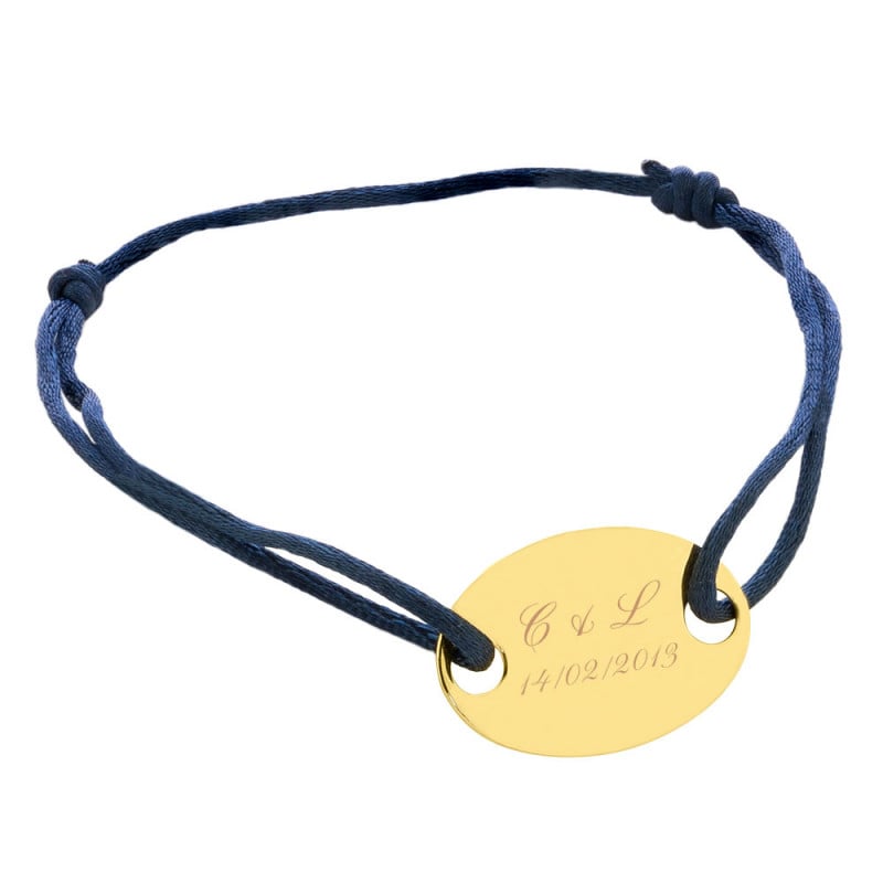 Bracelet cordon bleu marine avec plaque ovale personnalisée en plaqué or