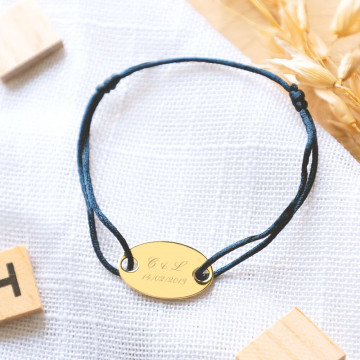 Bracelet plaqué or ovale personnalisé avec cordon bleu foncé