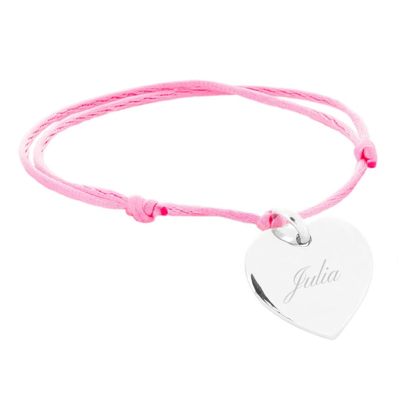 Bracelet cordon rose avec cœur en argent personnalisé