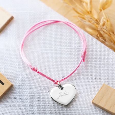 Bracelet cordon rose avec cœur en argent personnalisable