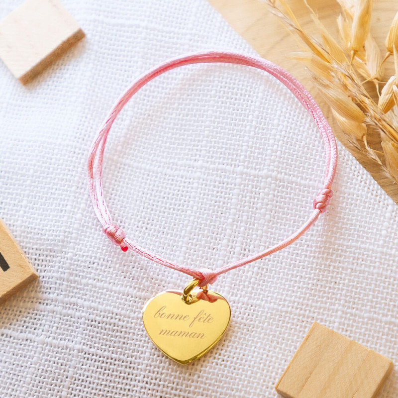 Bracelet cordon rose avec cœur en plaqué or personnalisable