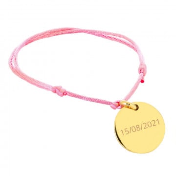 Bracelet rond plaqué or avec cordon rose et gravure texte
