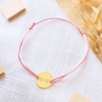 Bracelet petit rond plaqué or personnalisé et cordon coloré rose