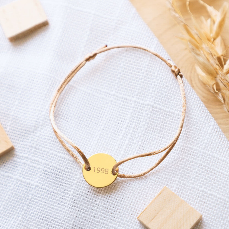 Bracelet petit rond plaqué or personnalisable avec cordon beige