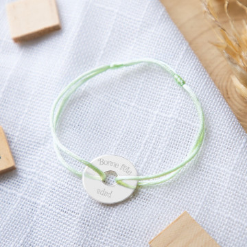 Bracelet cordon vert avec disque en argent 925/000 personnalisable