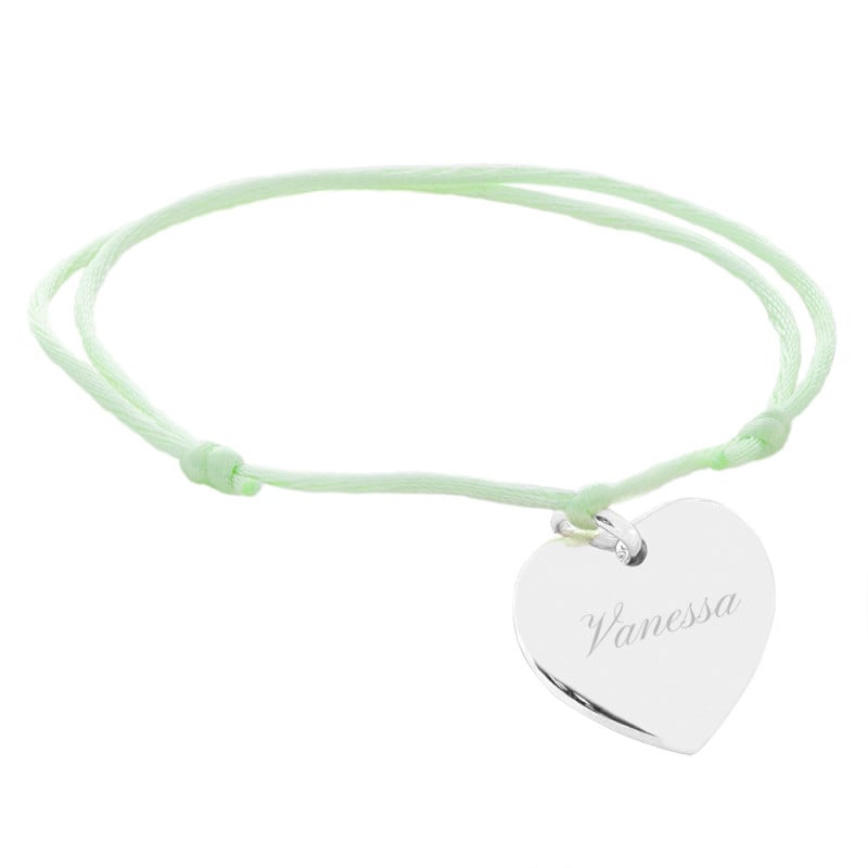 Bracelet cordon vert avec cœur argent personnalisé