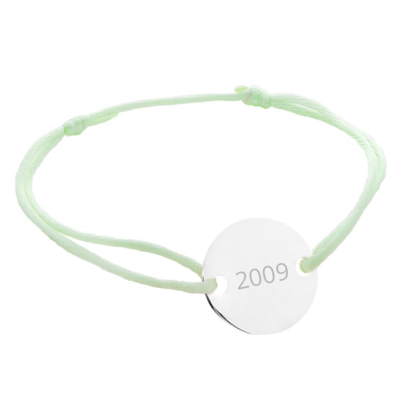 Bracelet cordon vert avec petit rond en argent gravé