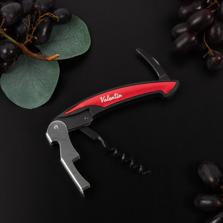 Couteau de poche sommelier noir et rouge gravé
