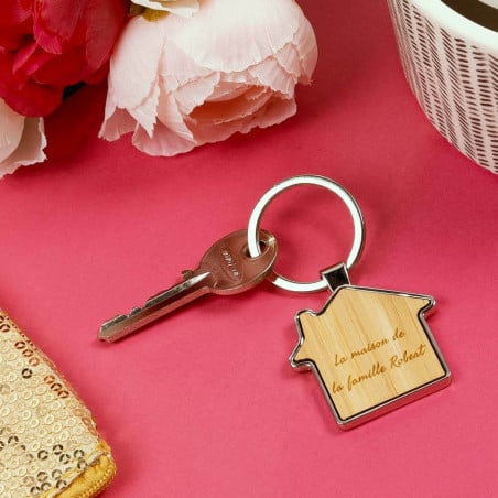 Porte clef maison en bois bambou et acier personnalisé gravé