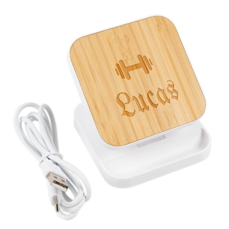 Chargeur et support smartphone pliable en bois gravé