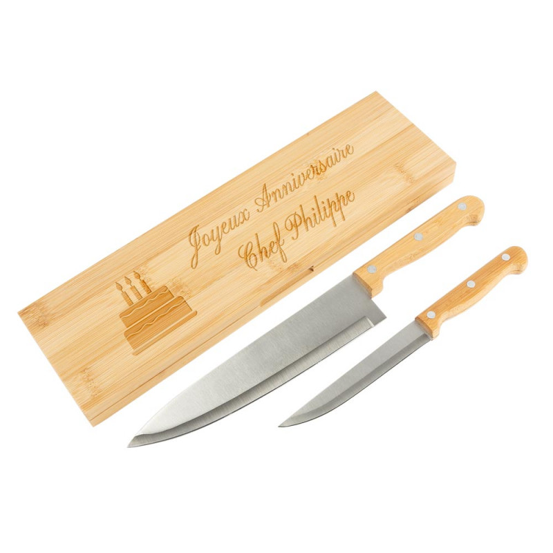 Set couteaux acier et bambou gravé