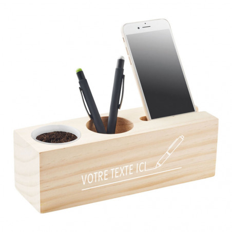 Station bureau avec pot crayon, plante et support smartphone
