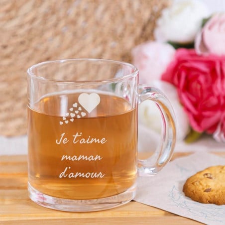 Tasse transparente en verre avec gravure texte