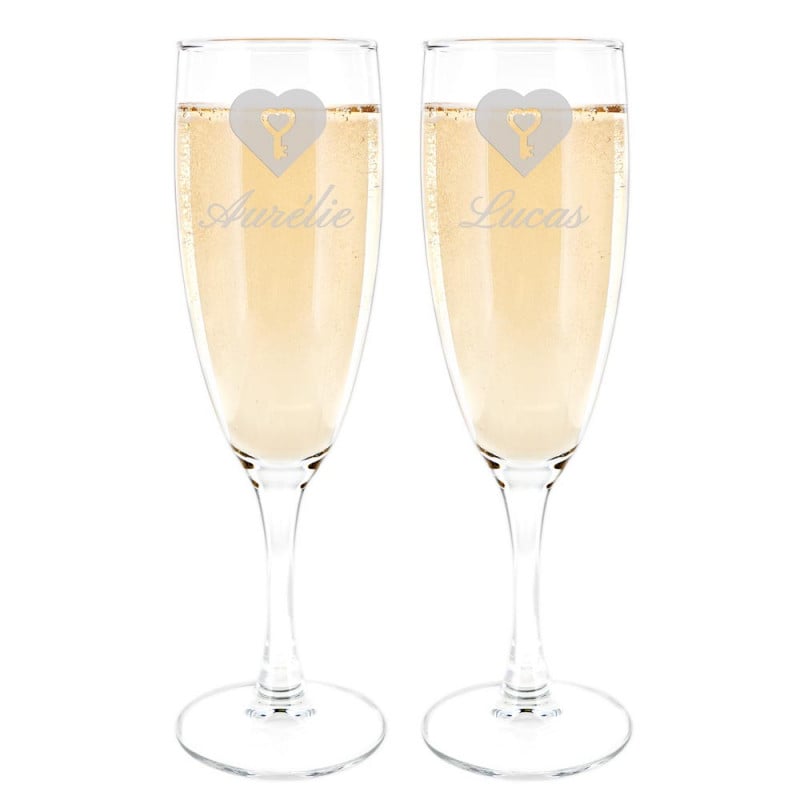 Flûtes à champagne duo coeur avec gravure texte