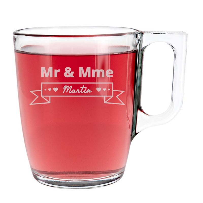 Tasse à thé en verre personnalisé Mr et Mme