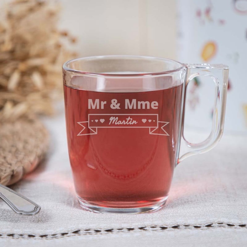 Tasse à thé en verre personnalisable Mr et Mme