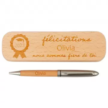 Coffret stylo bois personnalisé | Gravure texte & design Félicitations