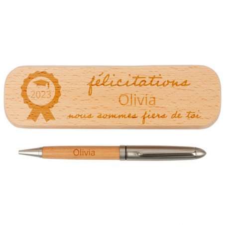 Coffret stylo bois gravé design félicitations