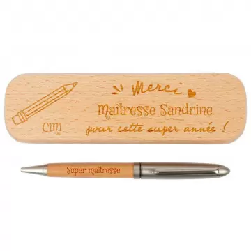 Coffret stylo bois personnalisé | Gravure texte pour Maitresse