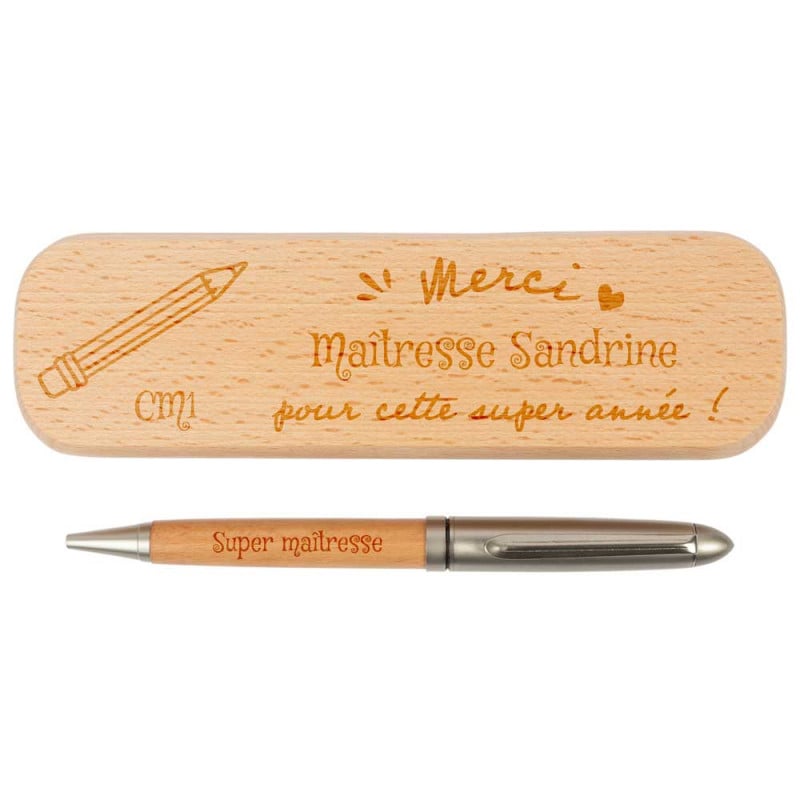Coffret stylo bois personnalisé pour Maitresse