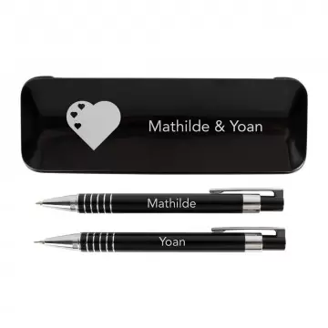Coffret stylo bille et porte mine noir personnalisé | Gravure texte