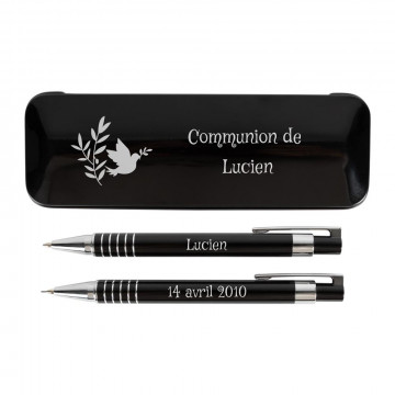Stylo bille et porte mine noir personnalisé | Coffret communion gravé
