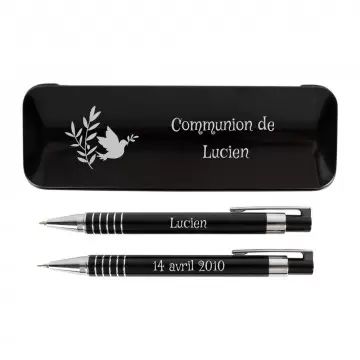 Stylo bille et porte mine noir personnalisé | Coffret communion gravé