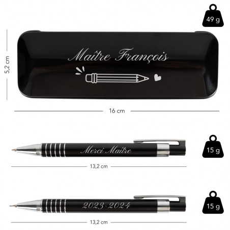 Taille du coffret stylo et porte mine personnalisé - Cadeau maitresse