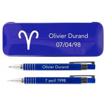 Coffret stylos bille et porte mine bleu | Gravure texte et design