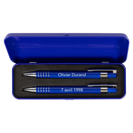 Intérieur coffret 2 stylos bleu personnalisé