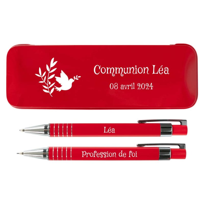 Coffret stylo et porte mine rouge personnalisé communion