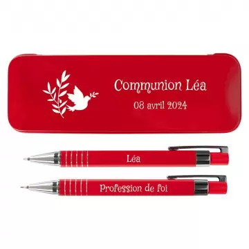 Stylo bille et porte mine rouge gravé | Coffret communion baptême