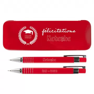 Coffret stylo bille et porte mine rouge gravé | Design Félicitations