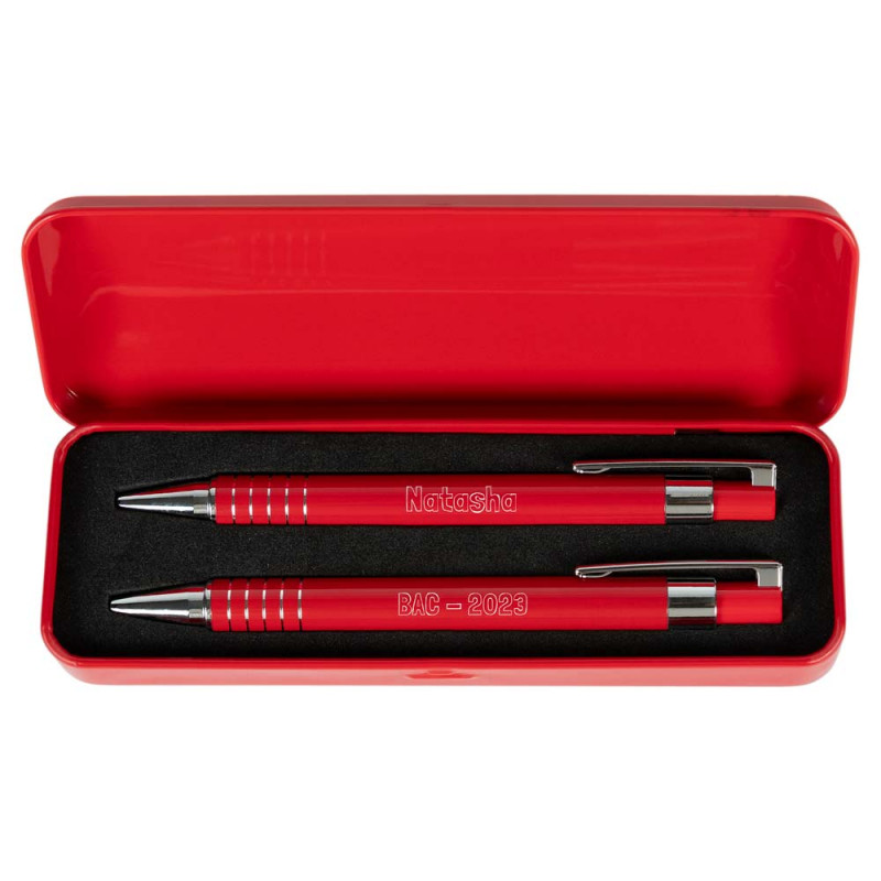 Parure De Stylos Aluminium Personnalisable - Stylo Bille Et Porte-mine Rouge Avec Gravure Texte Et Coffret