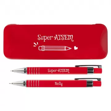 Stylo bille et porte mine rouge personnalisé | Cadeau Maitresse gravé