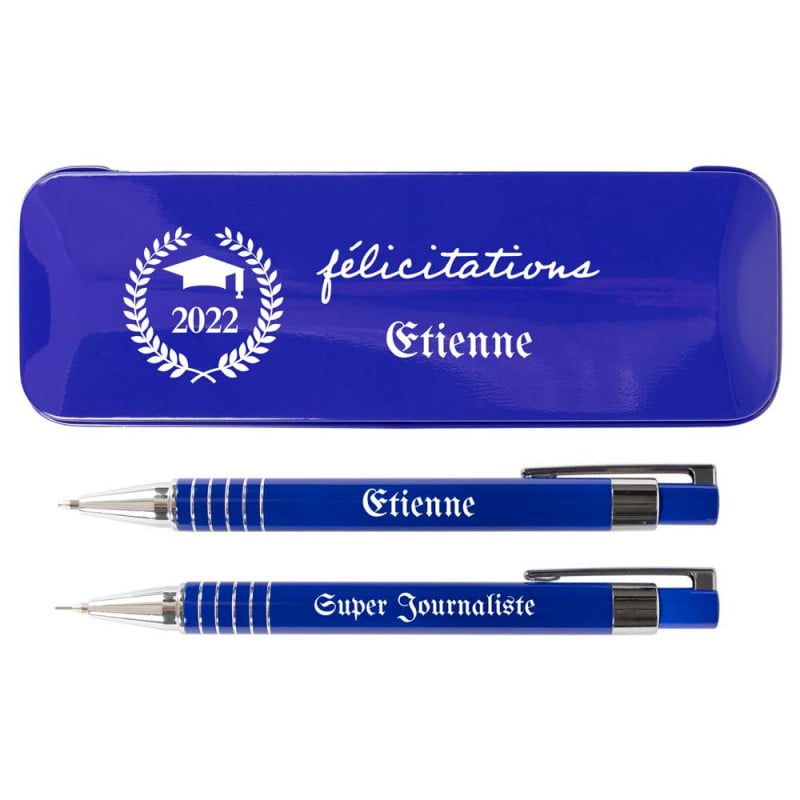 Coffret stylo et porte mine bleu avec design félicitation