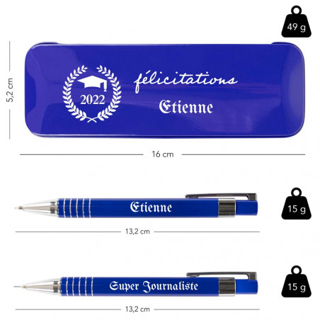 Taille stylo et porte mine bleu avec design félicitation