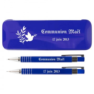 Stylo bille et porte mine bleu personnalisable | Cadeau communion baptême