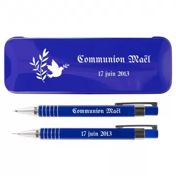 Stylo bille et porte mine bleu personnalisable | Cadeau communion baptême