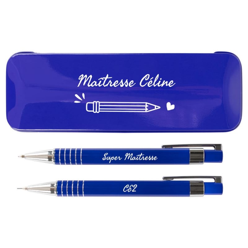 Coffret stylo et porte mine bleu personnalisé pour maitresse