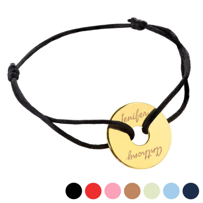 Bracelet cordon noir avec disque plaqué or personnalisable