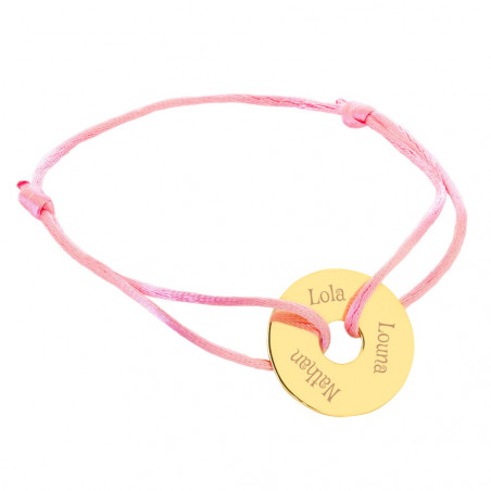 Bracelet cordon rose avec disque plaqué or gravé