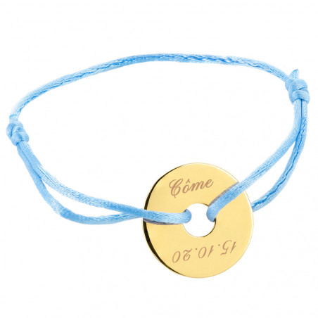 Bracelet cordon bleu avec disque plaqué or gravure texte