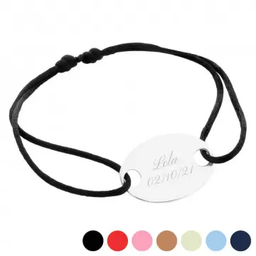 Bracelet ovale argent cordon satin personnalisable gravé