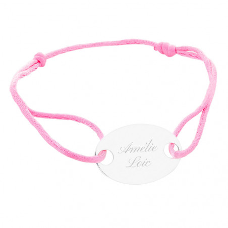 Plaque ovale argent gravée sur un bracelet cordon rose ajustable