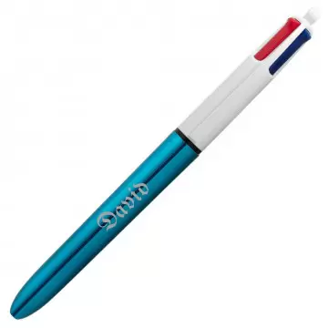 Stylo Bic 4 couleurs bleu métal à personnaliser | Gravure texte