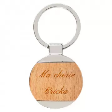 Porte clés rond en métal et bois avec gravure texte
