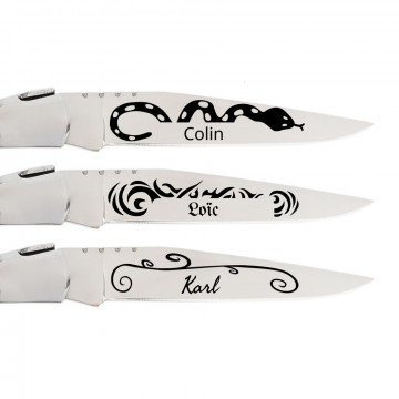 Couteau poche bois et acier personnalisé | Design tatouage gravé