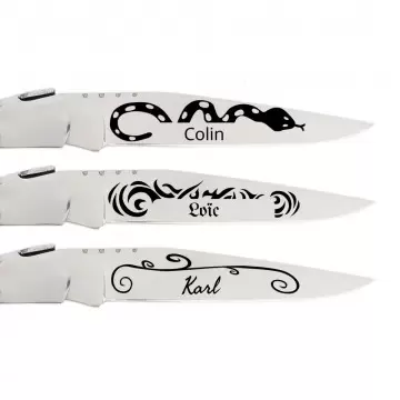 Couteau poche bois et acier personnalisé | Design tatouage gravé